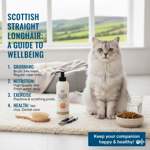 Scottish Straight Longhair cat care guide covering daily care, grooming, and indoor living needs