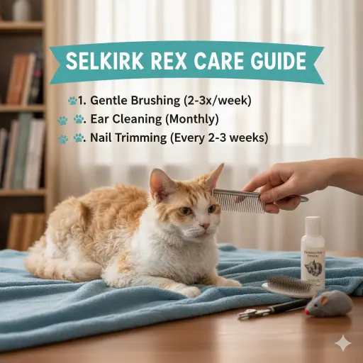 Selkirk Rex cat care guide covering daily care, grooming, and indoor living needs