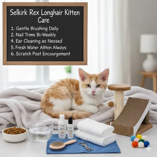 Selkirk Rex Longhair kitten care guide showing early growth, feeding, and care needs