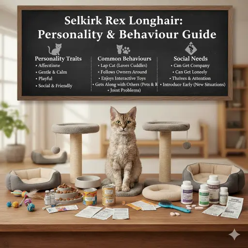 Selkirk Rex Longhair cat personality and behavior traits shown in a friendly home environment