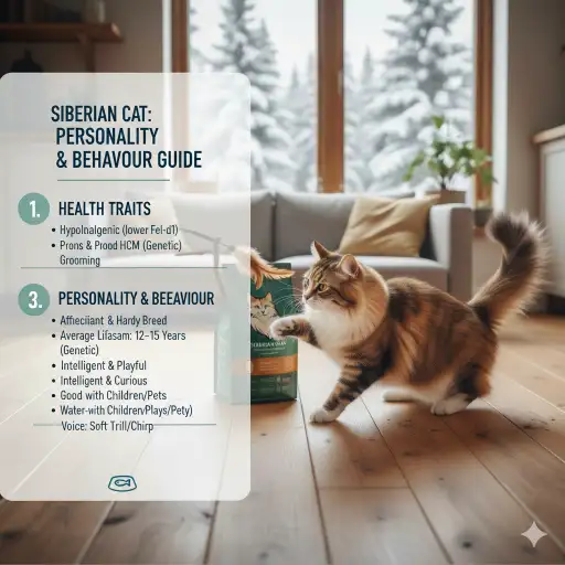 Siberian cat personality and behavior traits shown in an active home environment