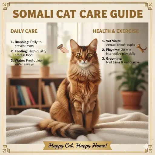 Somali cat care guide covering daily care, grooming, and activity needs
