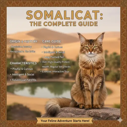 Somali cat full breed guide showing long ticked coat, bushy tail, and athletic body