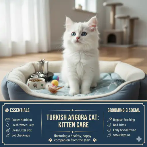 Turkish Angora kitten care guide showing early growth, feeding, and care needs
