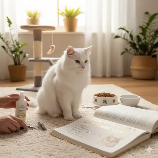 Turkish Angora cat care guide covering daily care, grooming, and activity needs
