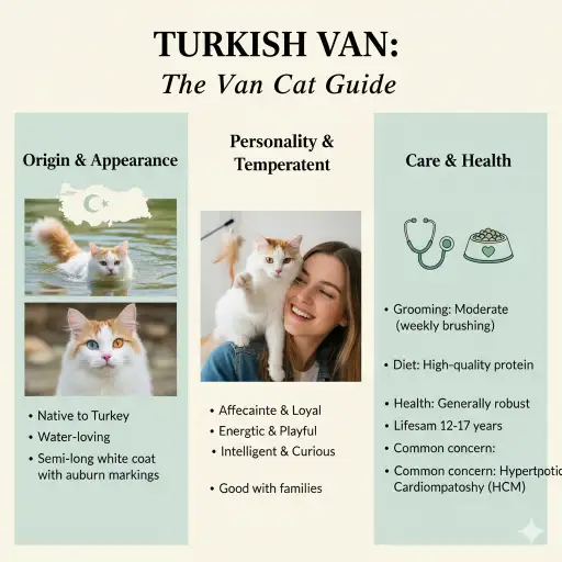 Turkish Van cat full breed guide showing semi-long coat, color-point pattern, and strong body