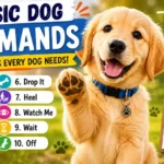 Golden retriever raising paw beside a basic dog commands infographic showing 10 essential obedience commands for dog training
