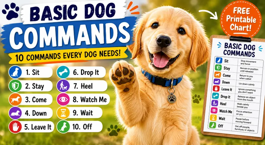 Golden retriever raising paw beside a basic dog commands infographic showing 10 essential obedience commands for dog training