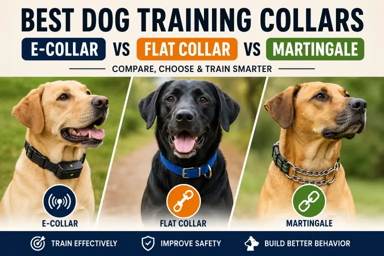 Comparison of dog training collars including e-collar, flat collar, and martingale collar for effective dog training and behavior management.
