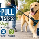 Golden Retriever wearing a front clip no-pull dog harness during a leash walk in a park