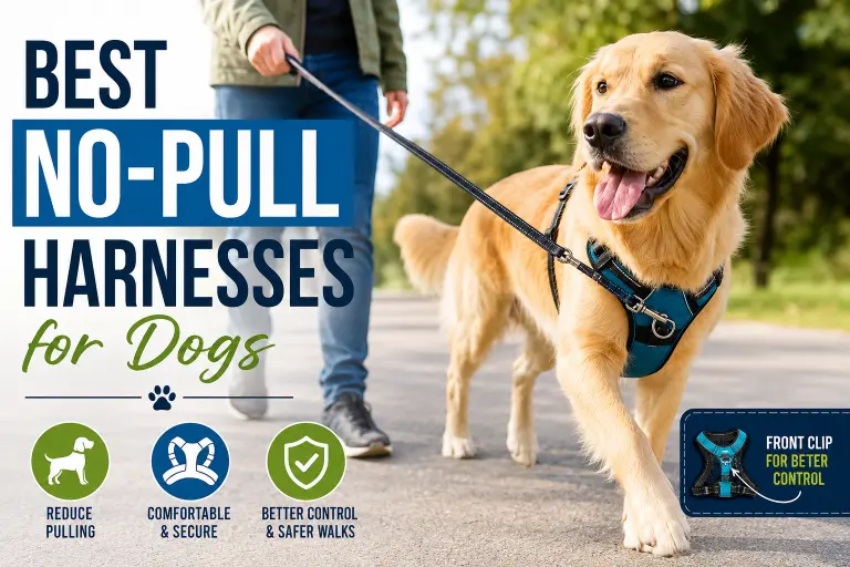 Golden Retriever wearing a front clip no-pull dog harness during a leash walk in a park