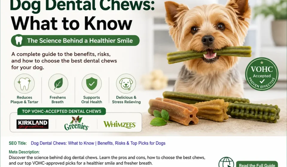 Small dog chewing a dental chew with icons showing plaque reduction, fresher breath, gum health support, and VOHC-approved dental chew guidance.