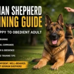 German Shepherd receiving obedience training outdoors with owner during puppy-to-adult training program