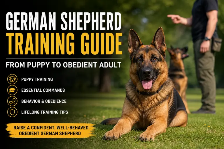 German Shepherd receiving obedience training outdoors with owner during puppy-to-adult training program