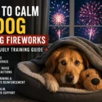 An anxious dog resting under a blanket indoors while fireworks burst outside, illustrating tips for calming dogs during 4th of July fireworks.
