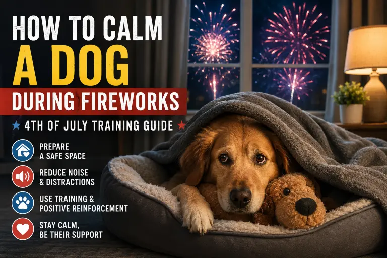 An anxious dog resting under a blanket indoors while fireworks burst outside, illustrating tips for calming dogs during 4th of July fireworks.