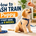 Owner leash training an 8-week-old puppy indoors before its first walk