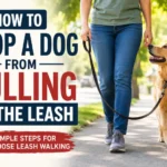 Dog owner teaching a dog loose leash walking during a calm outdoor training session