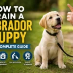 Golden Labrador puppy learning obedience training with owner outdoors