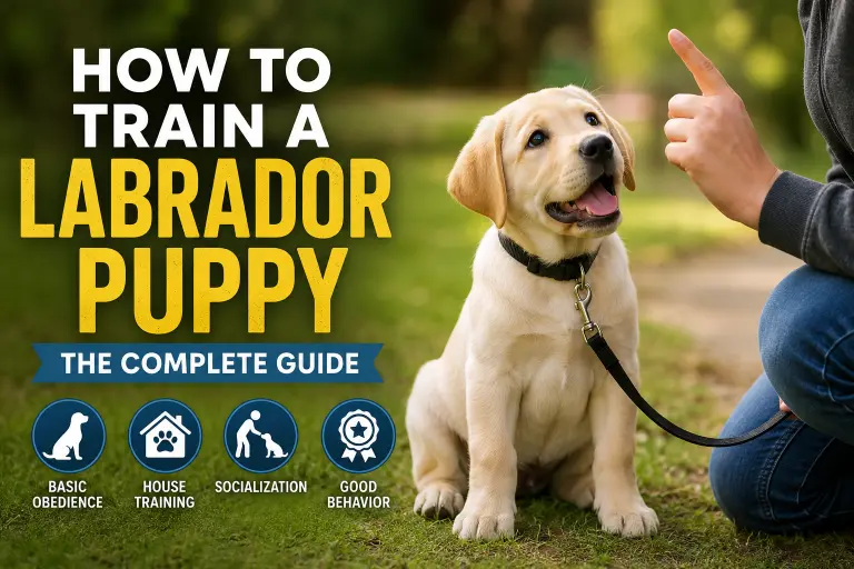 Golden Labrador puppy learning obedience training with owner outdoors