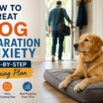 Dog relaxing calmly on a dog bed while owner leaves the house during separation anxiety training