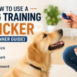 Golden Retriever learning with a dog training clicker during a positive reinforcement training session.
