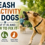 Dog barking and lunging on a leash during a walk while the owner manages leash reactivity training.