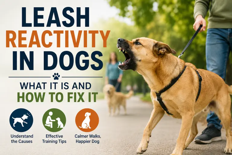 Dog barking and lunging on a leash during a walk while the owner manages leash reactivity training.