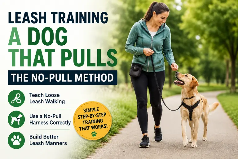 Dog owner teaching loose leash walking to a dog wearing a no-pull harness during a training walk