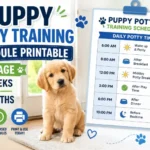 Cute puppy next to a printable potty training schedule chart showing age-based potty times from 8 weeks to 6 months