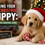 Golden Retriever Christmas puppy wearing a Santa hat during first week training and adjustment at home