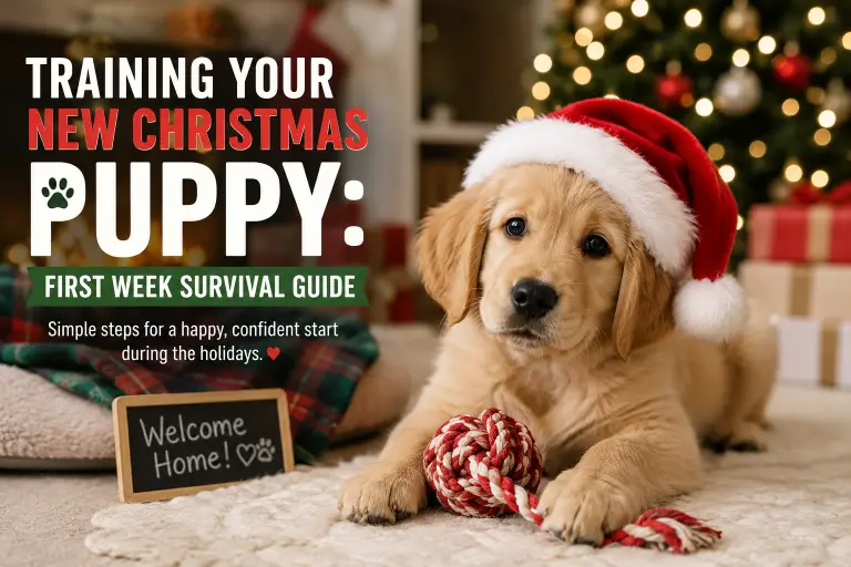 Golden Retriever Christmas puppy wearing a Santa hat during first week training and adjustment at home