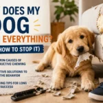 Dog chewing furniture in a living room while owner redirects it with a chew toy